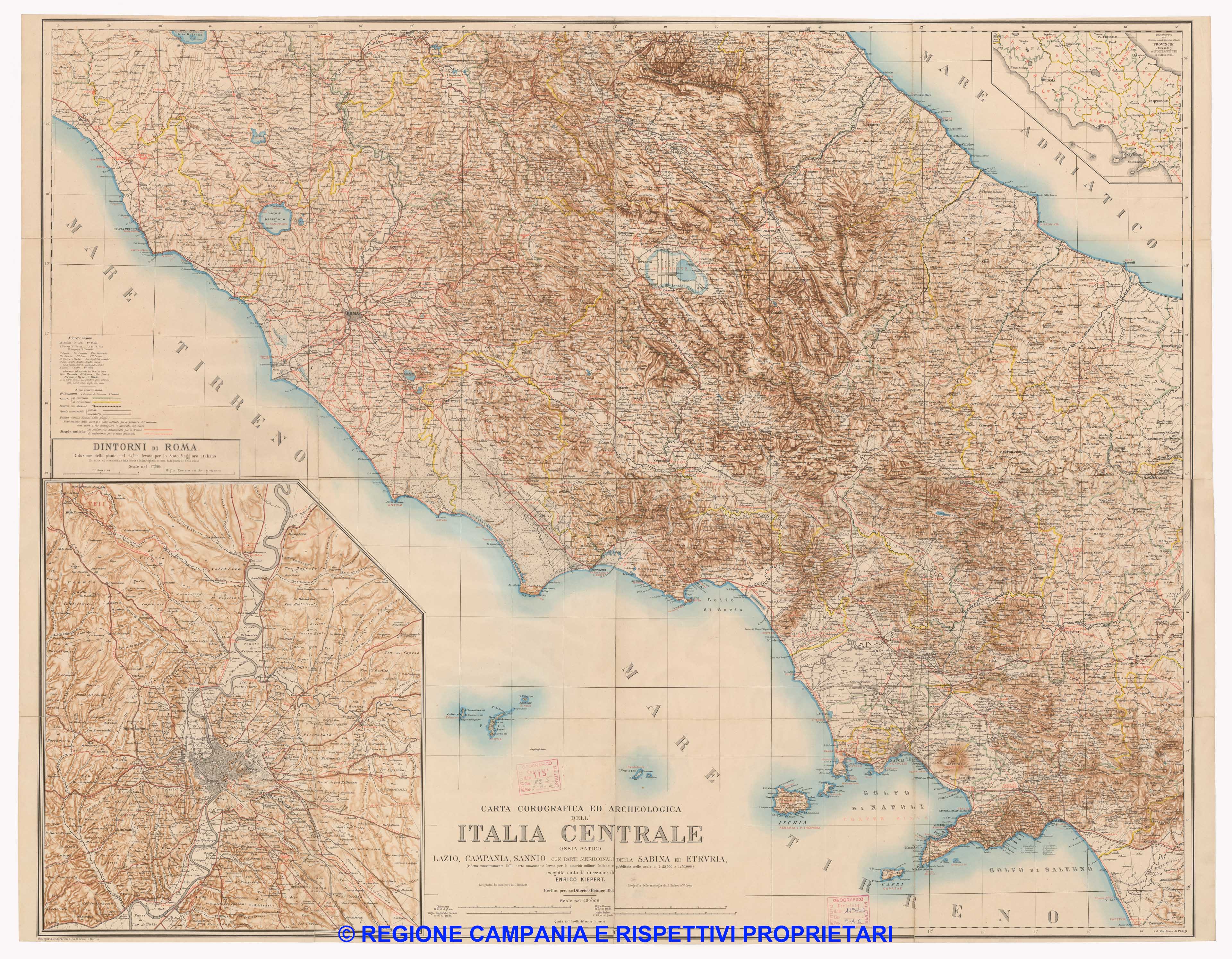 Carta corografica ed archeologica dell'Italia Centrale, ossia antico Lazio, Campania, Sannio con parti meridionali della Sabina e Etruria