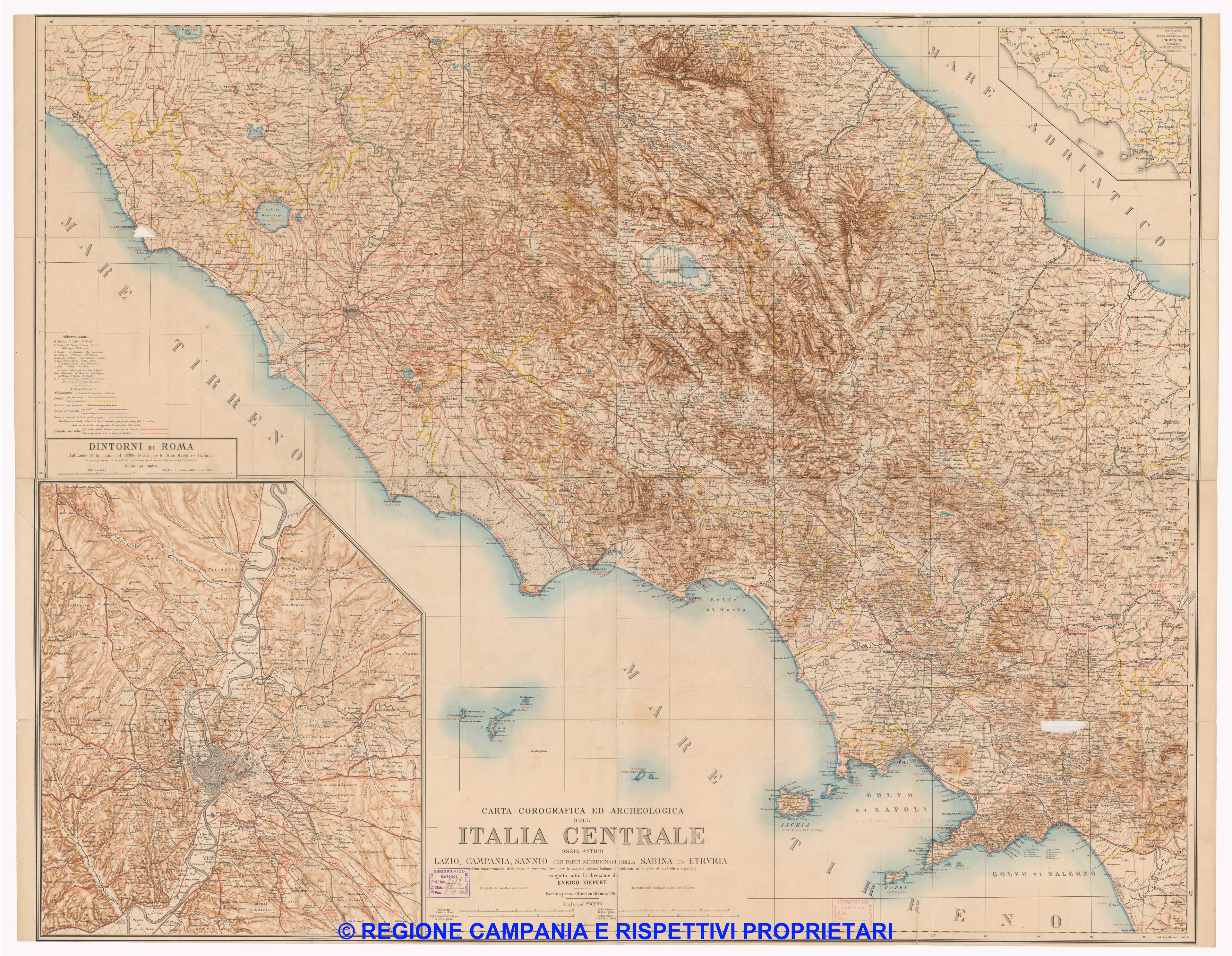 Carta corografica ed archeologica dell'Italia Centrale, ossia antico Lazio, Campania, Sannio con parti meridionali della Sabina e Etruria