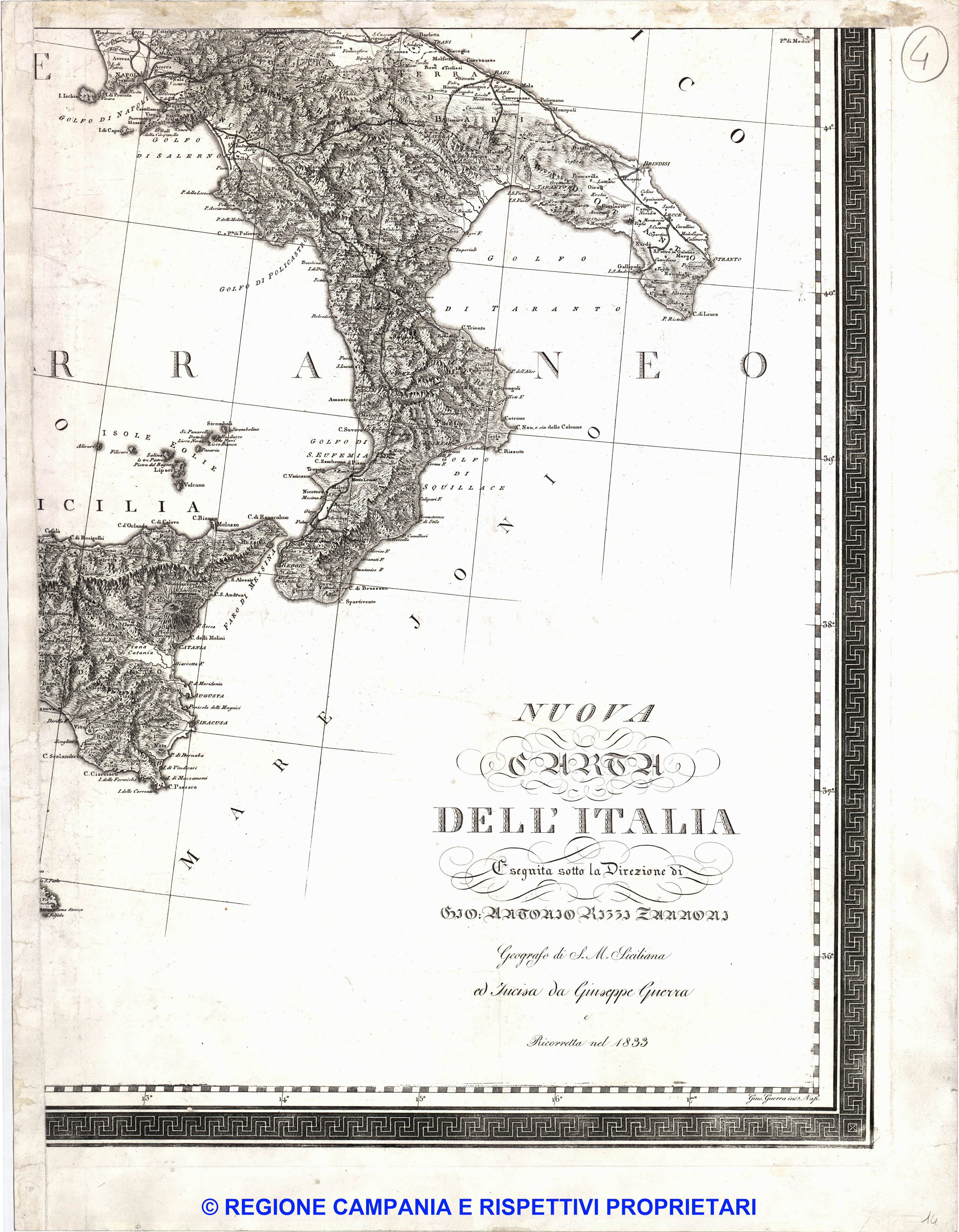 Nuova Carta dell'Italia eseguita sotto la direzione di Gio. Antonio Rizzi Zannoni, geografo di S.M. siciliana ed incisa da Giuseppe Guerra e ricorretta nel 1833